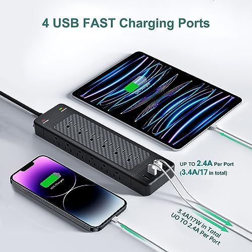Yostyle 18-Outlet Surge Protector Power Strip with Smart USB Fast Charging | Heavy-Duty 10 Ft Extension Cord | Wall-Mountable for Space Efficiency | Advanced Safety Features for Home and Office Use