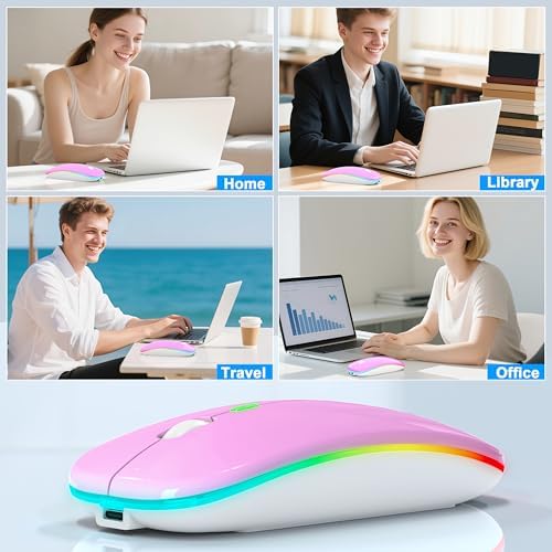 Sleek LED Bluetooth Wireless Mouse for Mac & PC – Rechargeable, RGB Light-Up Design with Dual Connectivity (BT5.2 + 2.4 G USB) – Slim, Portable Mouse with Jiggler Function for Work & Play – Enhanced Performance & Style in White