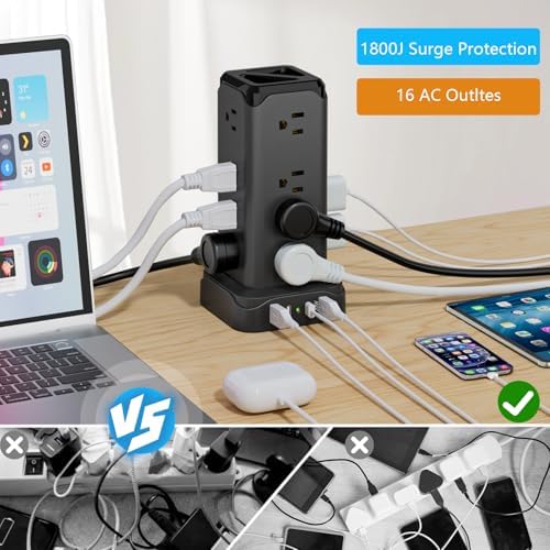 Ultimate PASSUS Surge Protection Power Strip – 6 FT Flat Extension Cord with 16 AC Outlets and 4 Fast-Charging USB Ports (2 USB-C) – Versatile Charging Station for Home, Office, and Dorm – Maximize Outlet Usage and Enhance Device Safety