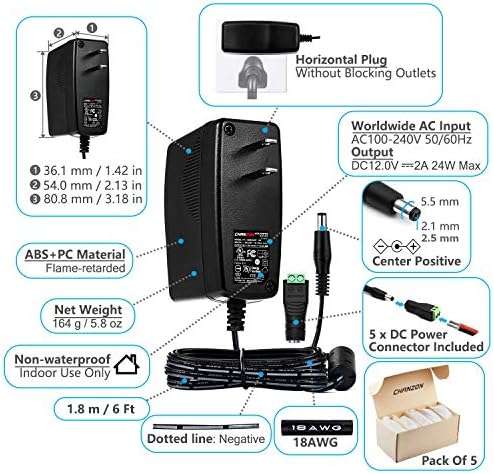 Chanzon 12 V 2 A High-Efficiency AC/DC Power Adapter – Reliable Universal Wall Charger for Optimal Device Performance – 100-240 V Input, 2000 m A Output, Ideal for LED Strips, Routers, and More – Compact & Durable Power Supply Solution for Home and Travel Use