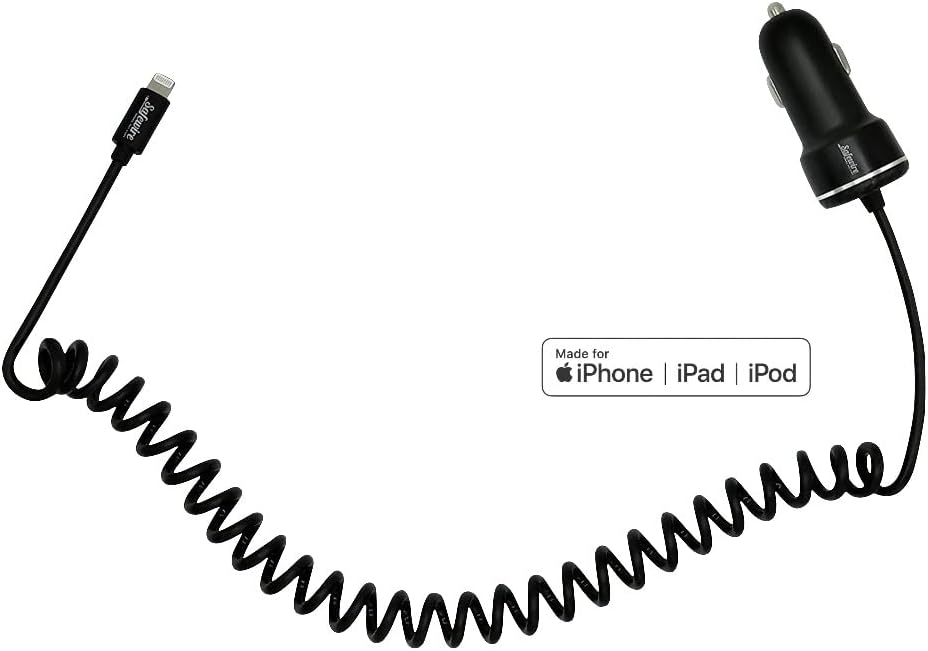 Premium 27 W Apple Certified Rapid Car Charger with Coiled Lightning Cable – Ultra-Durable 4 ft Design for i Phone 14, 13, 12, 11 Pro Max, XS, XR, and More – Dual USB Port for Simultaneous Multi-Device Charging – Stylish Black Finish Perfect for Modern Vehicles – Exceptional Power Delivery for Unmatched On-the-Go Efficiency