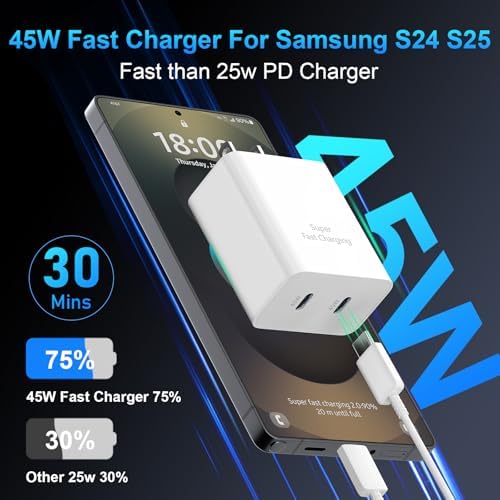 45 W Super Fast USB-C Charger for Samsung Galaxy | Dual Port Fast Charging Block with 10 FT Cable | Ultimate Compatibility for Galaxy S25/S24/S23/S22 Series | Efficient, Reliable, and Travel-Friendly Charging Solution