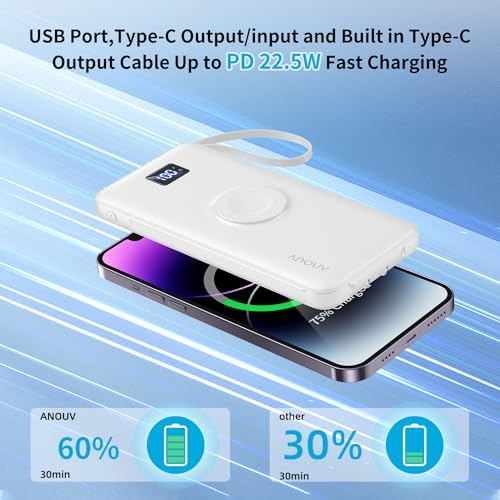 Revolutionize Your Charging Experience with ANOUV 10,000 m Ah Portable Power Bank – Built-in Cables & AC Plug for Fast, On-the-Go USB-C Charging, Compatible with i Phones and All Smart Devices – LED Display for Real-Time Battery Monitoring – The Ultimate Travel Essential for Efficiency and Convenience