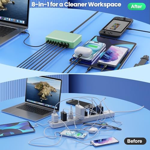 Revolutionary 300 W Ga N IV Technology USB-C Charging Hub – 8-Port Multi-Device Charger for Mac Book Pro/Air, DELL Laptops, i Phone 16/15/14 & Galaxy S25 – Sleek Navy Finish for Enhanced Home & Office Efficiency – Your Premier Solution for Rapid Device Power and Seamless Connectivity