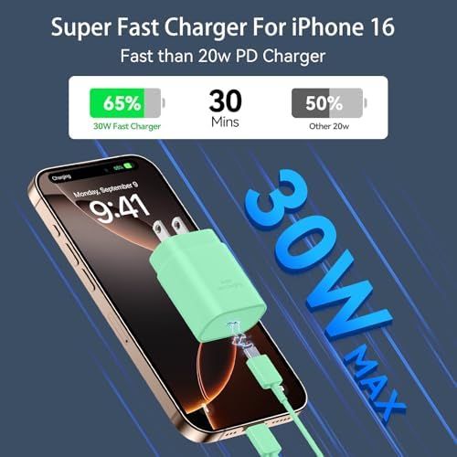 30 W USB-C Fast Charging Block with 10 FT Type C Cable – Ultimate Charging Solution for i Phone 16/15 Series and Beyond – Compact, High-Efficiency Power Adapter for Home and Travel Use – Safe and Reliable Device Charging