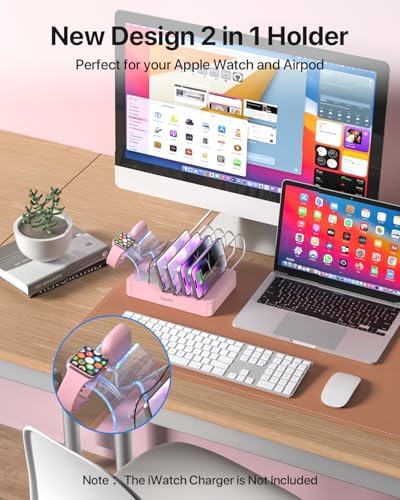 Soo Pii Elegant Pink 6-Port USB Charging Station Organizer – Fast Multi-Device Charging Hub with 6 High-Speed Cables and i-Watch Holder – Ultimate Solution for Neat Workspaces and Efficient Device Management