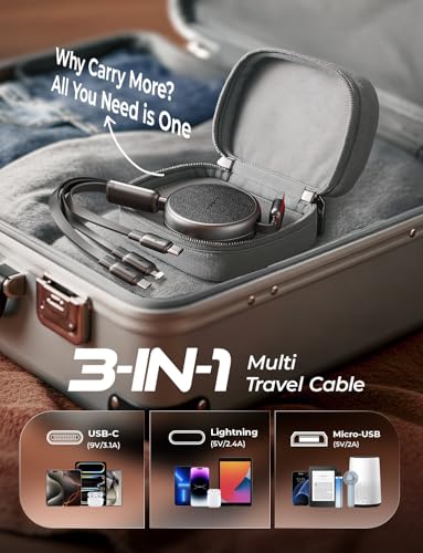 LISEN Multi Charging Cable, 3 in 1 Charging Cable, Retractable Car Charger with Type C/L/Micro USB Ports for iPhone 16 15 14 Pro Max/Samsung Galaxy S25/PS/Kindle, Multi Chargers for All Devices – Enhanced Compatibility and Speed