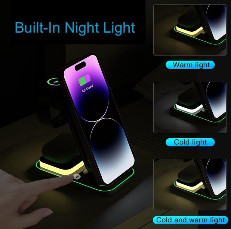 Effortless Charging Hub: Mag Safe-Compatible 3-in-1 Wireless Charger Stand for i Phone, Apple Watch & Air Pods – Adjustable Height & Built-in Night Light for Optimal Convenience – Sleek Black Design for Home & Travel Use