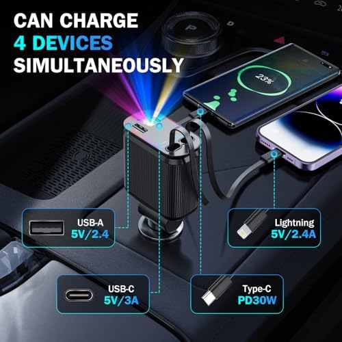 Starlight Enhanced 66 W USB-C Fast Car Charger – 4-in-1 Retractable Adapter with Dual USB Ports for i Phone 16/15/14/13/12/11 & Android Devices – Ultimate Convenience for On-the-Go Charging in Sleek Black Finish