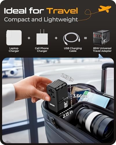 LENCENT 85 W Universal Travel Adapter with Retractable USB-C Cable – High-Speed International Plug Converter Featuring 3 Type-C & 1 USB-A Ports for Effortless Worldwide Charging – Your Ultimate Travel Essential for Maximum Compatibility, Fast Charging, and Ga N Technology Efficiency