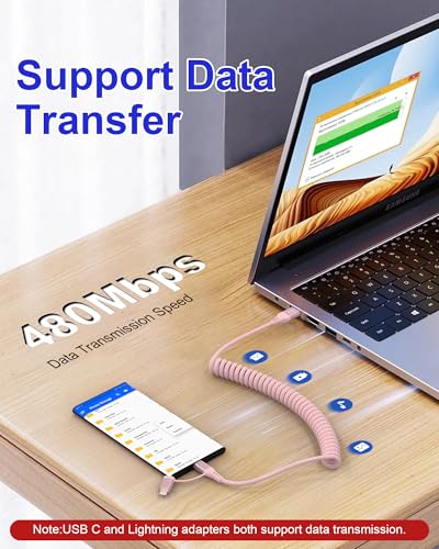 Versatile 2-in-1 Coiled Pink Charger Cable – USB to Lightning & USB-C for Fast Charging & Data Transfer, Compatible with i Phone 11-16 & Android Devices, Supports Apple Car Play & Android Auto, Stylish & Durable Design for Effortless Connectivity
