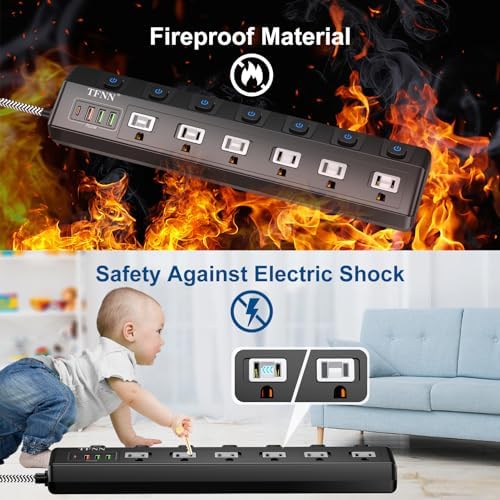 Ultimate Wall-Mounted Power Strip with USB Ports: 5 FT Extension Cord Featuring 6 Individually Switchable Outlets, 4 USB Charging Ports (1 USB-C PD 20 W & 3 USB-A QC 20 W), 70 W Total Capacity, Overload Protection for Enhanced Safety and Versatility