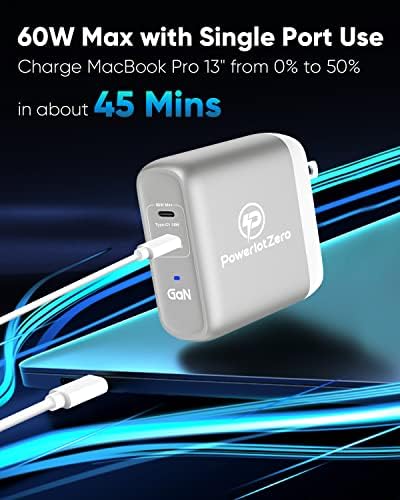 Powerlot Zero 68 W Dual USB-C Wall Charger – Fast Charging Ga N Adapter with 60 W & 18 W Outputs for Mac Book Pro, Dell Laptops, i Phone 14/13 Pro Max Plus, and i Pad Pro – Compact & Foldable Design for Ultimate Portability and Safety Features