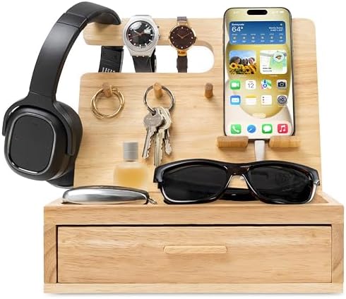 Nightstand Organizer- Rustic Bedside Organizer with Drawer for Cellphone, Watches, Headphone, Sunglasses, & Accessories- Makes an Ideal Gift for Dad or Son – Enhanced Compatibility and Speed