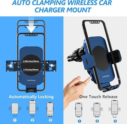 Ultimate 15 W Fast Wireless Car Charger with Auto-Clamping Technology – Sleek Blue Design for i Phone 11-16 Pro Max & Samsung Galaxy S Series – Effortless Charging, Secure Hold, and Stylish Vehicle Integration for Enhanced Driving Convenience