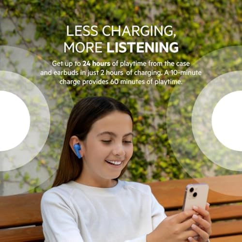 Belkin Soundform Nano Kids Bluetooth Earbuds – Stylish Blue Design with 85 d B Volume Limiting for Safe Listening, 24-Hour Battery Life, Integrated Microphone for Online Learning and Calls, Compatible with i Phone, i Pad, Galaxy & More – Comfort Meets Durability for Young Audiophiles
