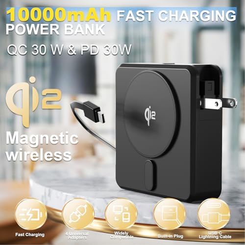 Magnetic 4-in-1 Universal Power Bank – 10,000 m Ah Qi2 Certified Travel Charger with Integrated Cables and 30 W Fast Charging – Versatile Compatibility for i Phone, Samsung, i Pad & More – Sleek LED Display, Built-in USB-C and Lightning Cable, Global Plug Adaptors – Effortless Wireless Charging Anywhere with Enhanced Portability and Efficiency