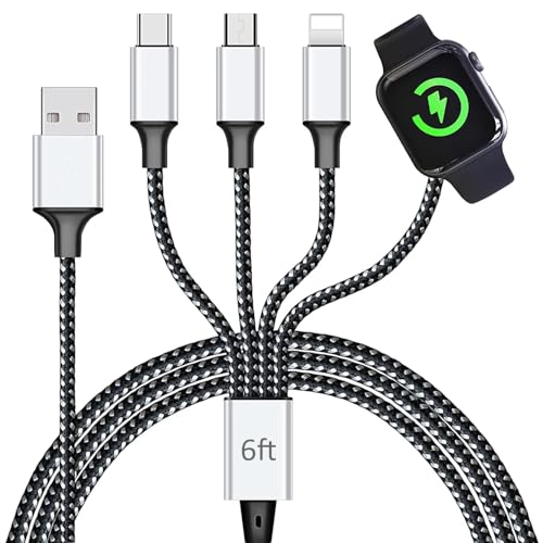 Versatile 4-in-1 Multi Charging Cable for Apple Watch, i Phone, i Pad & Android Devices – 6 FT Nylon Braided Cord with USB C and Micro Port for Fast Charging and Enhanced Compatibility – Perfect for i Watch Series 10-1, i Phone 16, 15, 14 and More