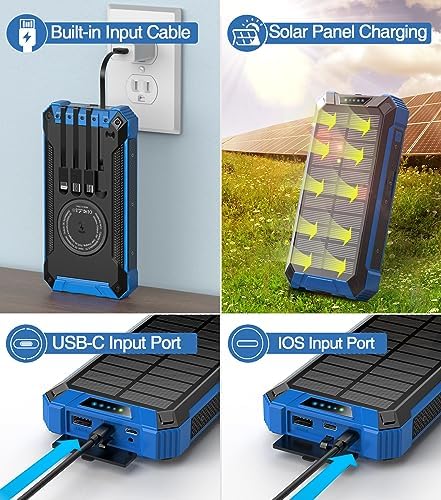 GOODaaa 36,000 m Ah Solar Wireless Power Bank with Built-in 4 Cables, Fast 15 W Charging, 6 Outputs & Dual Flashlights – Ultimate Portable Charger for All Devices with Carabiner for Easy Carrying