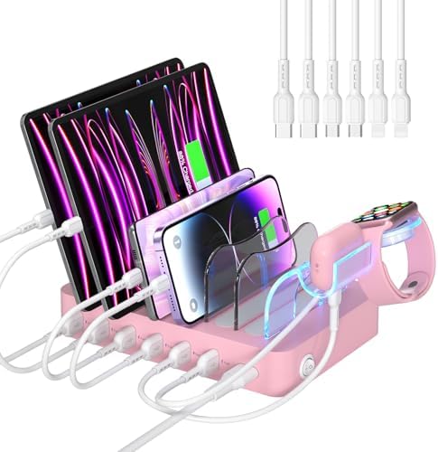 Soo Pii Elegant Pink 6-Port USB Charging Station Organizer – Fast Multi-Device Charging Hub with 6 High-Speed Cables and i-Watch Holder – Ultimate Solution for Neat Workspaces and Efficient Device Management