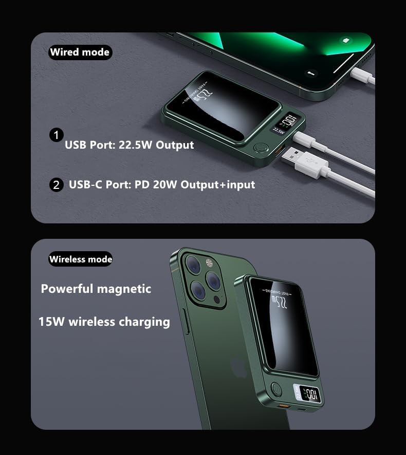 Magnetic Wireless Power Bank – 10000 m Ah Portable Charger with 22.5 W Fast Charging, LED Battery Indicator, USB-C Compatibility for i Phone & Samsung Galaxy – Ultimate On-the-Go Charging Solution in Sleek White Design