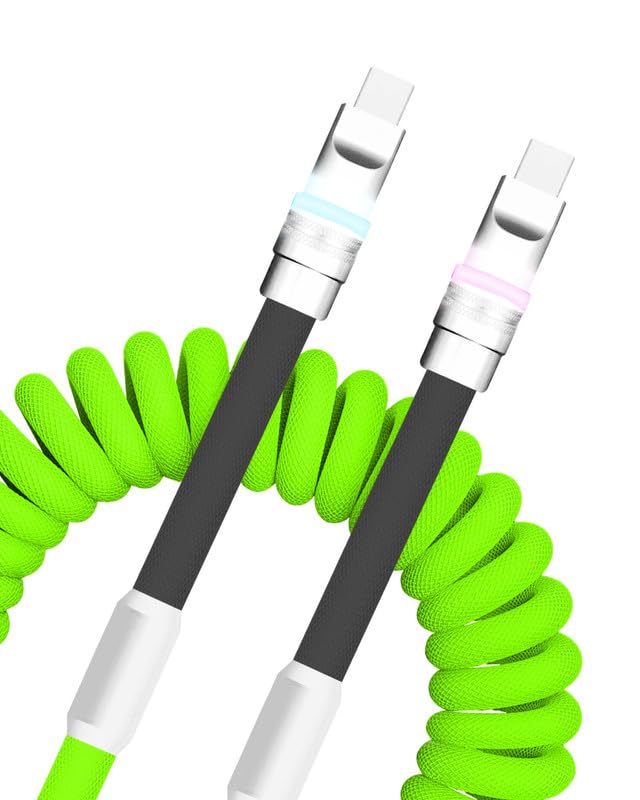 Neon Chubby Spiral Charge Cable – Vibrant 2.29-3.6 FT Type-C Coiled Charger for USB-C and Carplay Devices, Fast Sync and Charge, Tangle-Free Design in Bold Purple and Light Green, Perfect for Smartphones and Tablets
