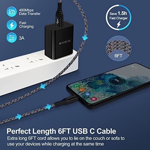 Ultra-Fast USB Type C Wall Charger with 6 FT Cable for Samsung Galaxy Devices – Adaptive Fast Charging & Quick Charge 3.0 Technology for S25 Ultra, A16 5 G, S24, S23, S22, A54, A13, A52, A25, S21 FE, S20, A14, A03, A12, A32, A72 – Reliable Power Adapter for Home & Travel