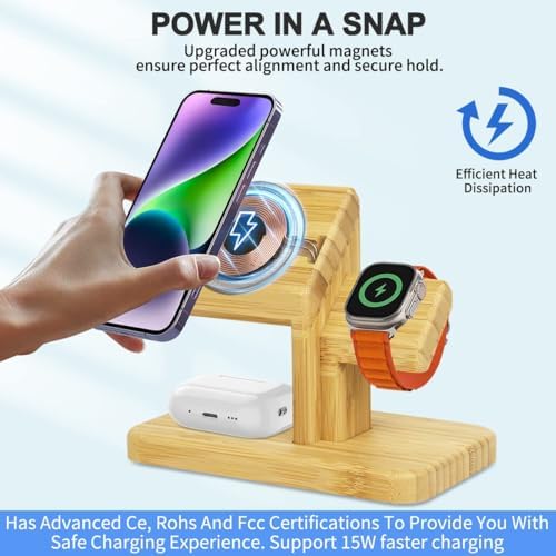 Versatile 3-in-1 Bamboo Wireless Charging Station for Apple Devices – Fast 20 W Magnetic Charger for i Phone 15/14/13/12 Pro/Max/Plus, Apple Watch 8/7/6/SE/5/4/3/2, and Air Pods 3/2/Pro – Eco-Friendly Design Enhances Your Tech Aesthetic and Maximizes Efficiency