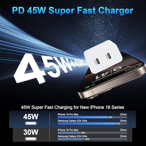 Power Up Your Devices Instantly with the 45 W Dual USB-C Fast Charger for i Phone 16 Series – Includes 6.6 FT USB-C Cable for Maximum Convenience and Compatibility with Pad Pro/Air, Galaxy S25/S24, and More – Compact, Reliable, and Efficient Charging Solution