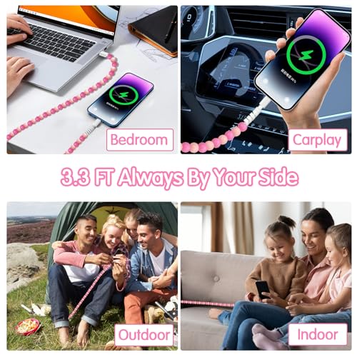 Coolden 66 W Fast Charging Cable for i Phone & i Pad – 2 M Stylish Pink USB-C to Lightning Beaded Charger – Durable, Efficient, and Compatible with i Phone 14/13/12/11 Pro Max, XR, XS, i Pad Pro/Air/Mini – Perfect for Everyday Use and Travel