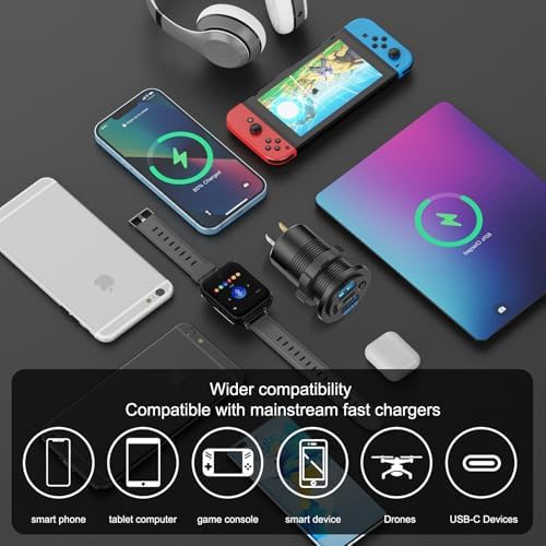 78 W 4-Port 12 V USB Car Charger – Super Fast Dual PD3.0 & QC3.0 Charging for Cars, Boats, and RVs – Waterproof Multi-Device USB Outlet for Quick Connectivity on the Go – Ideal Cigarette Lighter Replacement for All Adventures