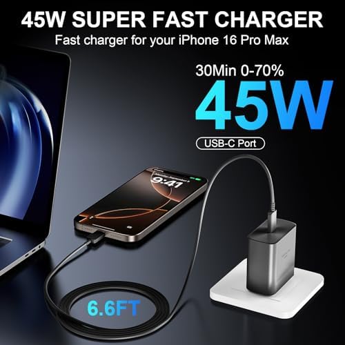 Accelerate Your Power Needs with Our 45 W Ultra-Fast USB-C Charger for Phone 16 Series – Includes a 10 ft Type C Cable in Eye-Catching Purple – Perfectly Crafted for Swift Power Delivery to Phone 16 Pro, Max, Plus & Earlier Models – Unleash Maximum Charging Efficiency and Aesthetic Appeal for Tech Enthusiasts on the Move