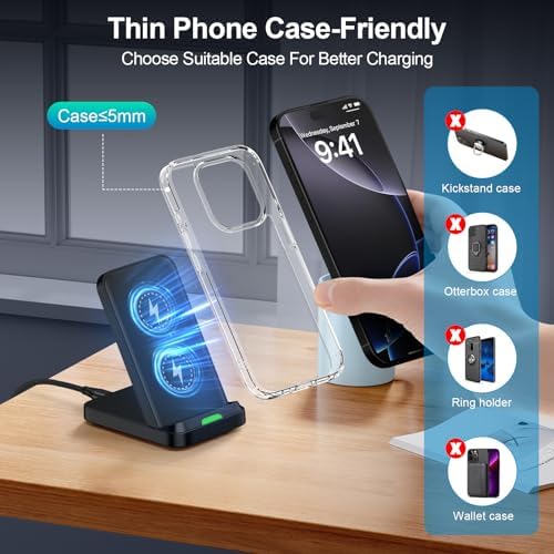 15 W Fast Wireless Charging Station for Android & i Phone – Sleek Stand with QC Adapter for Samsung S25 Ultra, Z Fold 6, i Phone 16 Pro Max – Ultimate Compatibility & Safety Features for Effortless Power-Up