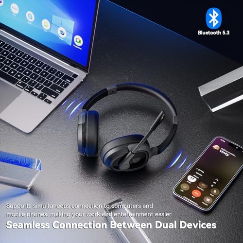 Dytole AI Noise Cancelling Bluetooth Headphones – 65-Hour Wireless Headset with Built-in Mute Function for Enhanced Call Center Performance, Remote Work, and Virtual Meetings – Superior Sound Quality, Lightweight Comfort, & Broad Device Compatibility