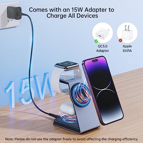 Innovative 3-in-1 Magnetic Wireless Charging Station for i Phone, Apple Watch & Air Pods – Swift, Tangle-Free Power Hub for i Phone 15/14/13/12 & Apple Watch S2-S9 – Chic Grey Aesthetic Perfect for Modern Interiors – VASIVO Robust Construction & Universal Device Compatibility