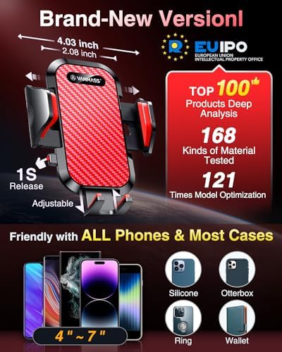 VANMASS Military-Grade Car Phone Holder – Maximum Durability for i Phone 16, 15 Pro Max, 14, 13 & Android Devices – Ultimate Dashboard, Windshield & Vent Mount with Secure Suction & Clip Mechanism for Safe Navigation – 360-Degree Adjustable Viewing for Effortless Access – Heavy-Duty Cell Cradle for Confident Driving