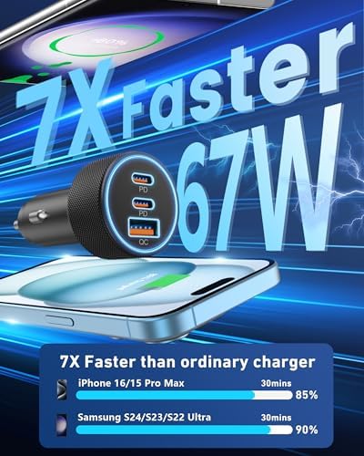 67 W 3-Port Ultra-Fast USB-C Car Charger with 3 FT Cable – High-Speed Charging for i Phone 16/16 e/15 Pro Max, Samsung Galaxy S25/S24/S23, Google Pixel 9/8/7, and Android Devices – Sleek Silver Design for Enhanced Style and Functionality