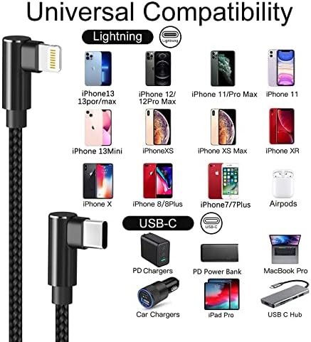 Premium 3-Pack USB C to Lightning Cable 3 ft – MFi Certified Fast Charging with 90-Degree Right Angle Connector – Durable Nylon Braided Design for i Phone 13, 12, 11, Pro, X, XS, XR, 8 Plus, 7, 6, 5 – Ultimate Convenience for Gaming and Streaming – Reliable Data Transfer and Syncing Solutions – Tangle-Free, Long-Lasting Performance in Stylish Black Finish