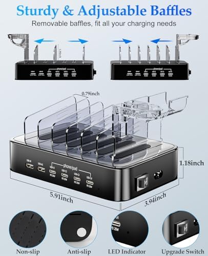Ultimate 100 W Multi-Device Charging Station – Fast USB-C Dock for i Phones, Androids, i Pads, Kindles & Smartwatches – Sleek Organizer with Intelligent Charging for Home & Office Efficiency