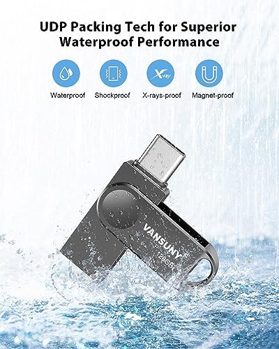 Vansuny 256 GB Dual USB Type-C Flash Drive – High-Speed OTG USB 3.0 Thumb Drive with Waterproof Metal Design for i Phone 15, Android Devices, and Laptops – Ultimate Storage Solution for Data Transfer and Backup