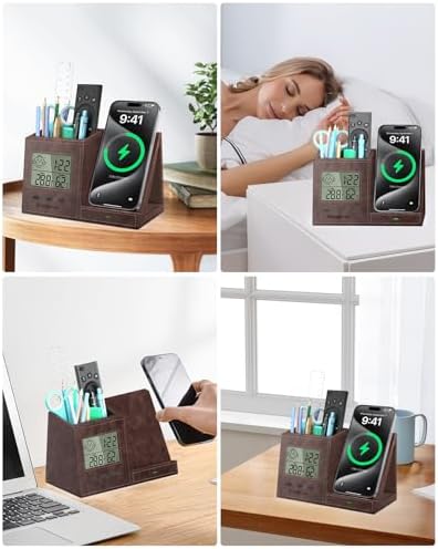 Multi-Functional Desk Organizer with Wireless Charging, Digital Thermometer & Humidity Monitor – Stylish Brown Pen Holder for Home Office Efficiency and Clutter-Free Workspace
