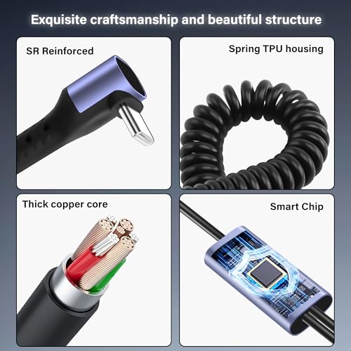 90-Degree USB Type C Coiled Multi-Charging Cable – 5.9 ft Fast Charging Y Splitter for Laptops, Tablets, Power Banks & Smartphones – Enhanced Durability & Versatile Compatibility