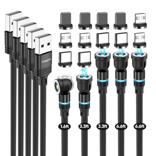 Ultimate 5-Pack Magnetic Charging Cable Set with 360° & 180° Rotating Connectors – Durable Nylon-Braided Design for Fast Charging of Type C, Micro USB & i Phone Devices in Multiple Lengths (1.6 FT, 3.3 FT, 6.6 FT) – Perfect for Home, Office & Travel Convenience