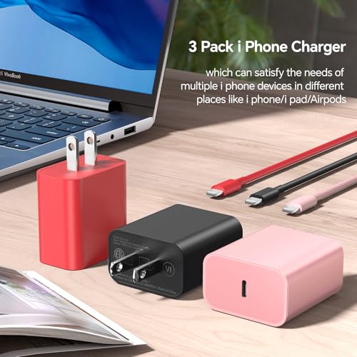 10 FT Lightning Cable Pack – 3 Durable MFi Certified Fast Charging Cords for i Phone 14/13/12/12 Pro Max/11/Xs Max/XR/X & Air Pods Pro – 20 W Quick Charge in Pink, Red, Black – Ultimate Flexibility & Style for Everyday Use
