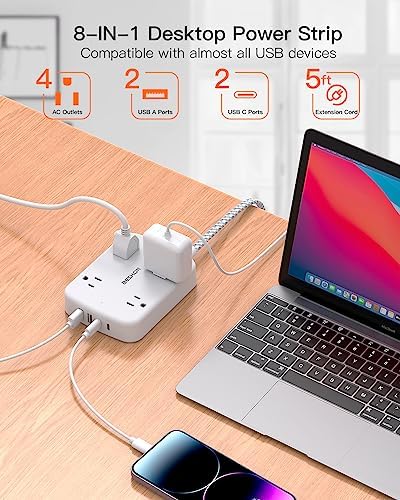10 FT BESHON Surge Protector Power Strip with 4 Outlets & 4 USB Ports – Flat Extension Cord with 2 USB-C for Fast Charging – Space-Saving Flat Plug Design – 900 Joules Surge Protection for Home, Office & Dorm Room Essentials – Ultimate Power Management Solution
