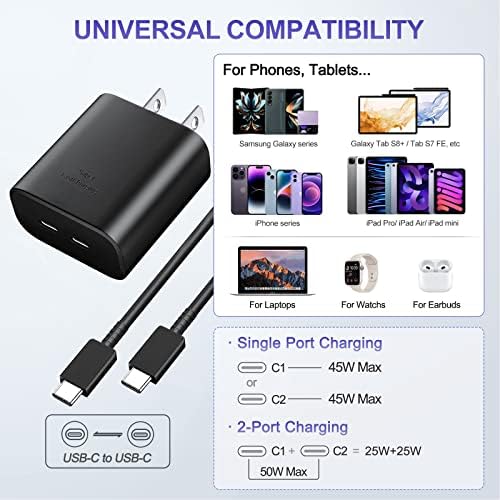 Dual-Port 45 W Super Fast USB C Charger for Samsung Galaxy S24/S23/S22/Note Series – Power Delivery & Programmable Power Supply for Rapid Charging, Enhanced Safety, and Travel-Friendly Design