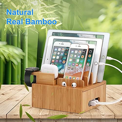 Eco-Friendly Bamboo Multi-Device Charging Hub by Pezin & Hulin – Elegant Docking Station for Phones, Tablets, Smartwatches & Earpods with 5 High-Speed USB Cables for Clutter-Free, Fast Charging Solutions in Home or Office