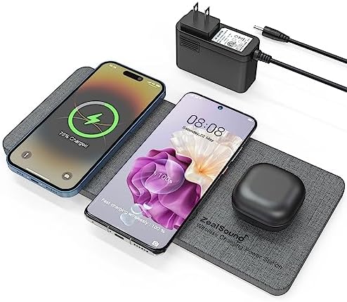 Zeal Sound Ultra-Slim Triple Wireless Charging Hub – Fast, Elegant PU Leather Charger Pad for Smartphones, Air Pods & Qi-Compatible Devices – Non-Slip Design with AC Adapter for Home & Office Efficiency