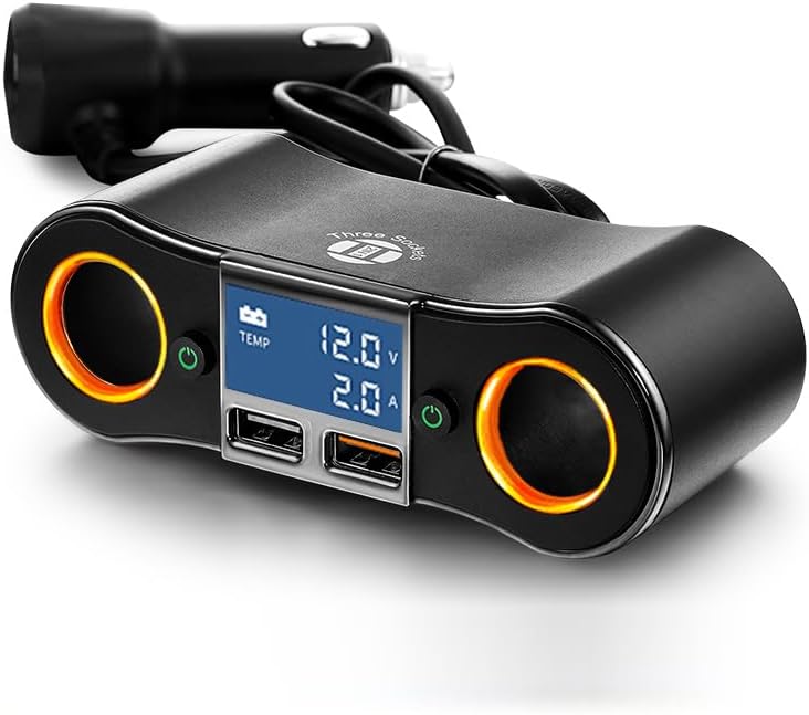 Dual USB Quick Car Charger Adapter with 2 Socket Cigarette Lighter Splitter – LED Voltage Display & Eco-Friendly On/Off Switch for Enhanced Device Charging and i Phone Compatibility