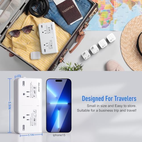 Universal Voltage Converter by BESTEK: 220 V to 110 V Travel Adapter with Dual AC Outlets & 3 USB Ports for Efficient Global Charging – Ideal for Hair Tools, Electronics & International Adventures – Compact, Safe & Versatile Solution for Travelers